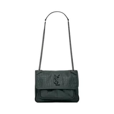 Saint Laurent Niki Baby In Crocodile-Embossed Leather "Deep Green"