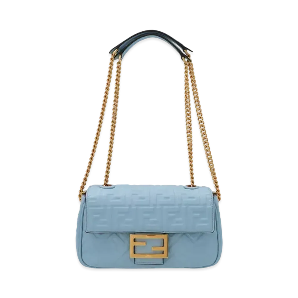 FENDI Baguette Chain Medium Leather Bag "Light Blue"