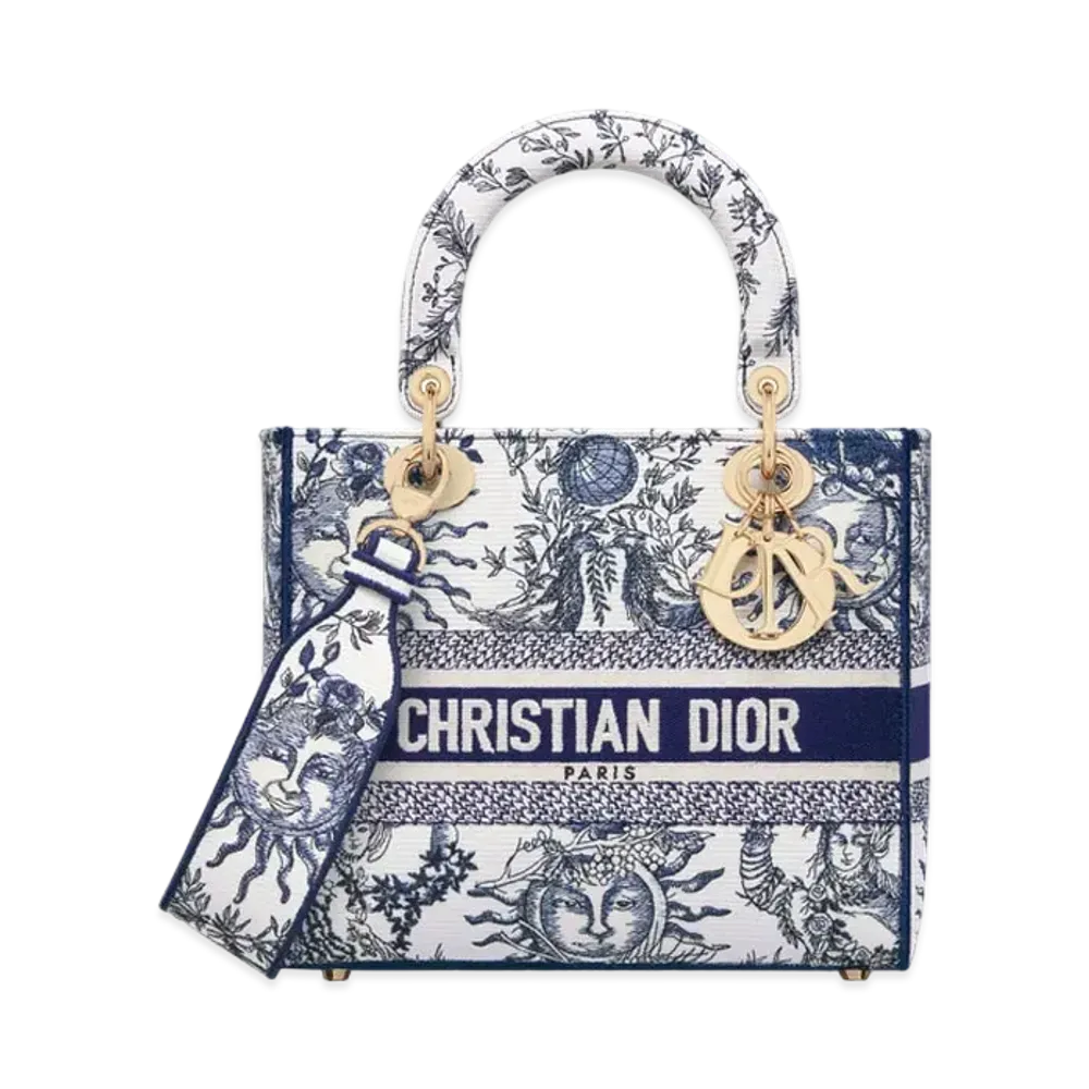Dior Medium Lady D-Lite Bag Toile de Jouy Soleil Embroidery "White/Navy Blue"