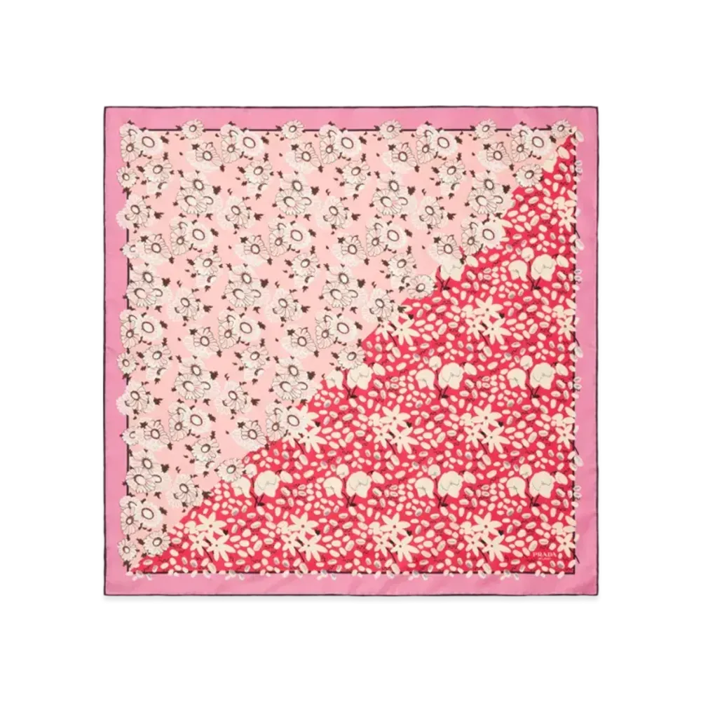PRADA Printed Silk Twill Scarf 55cm x 55cm "Pink/Red"