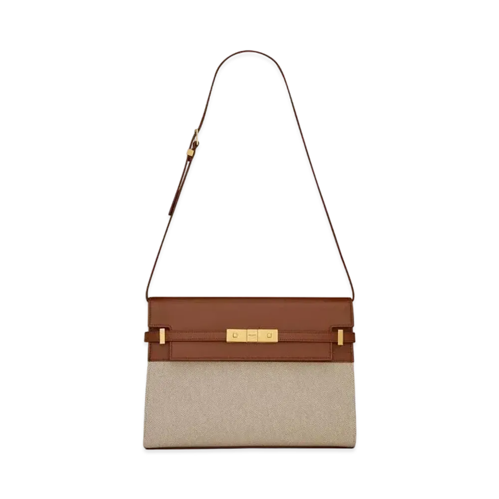 Saint Laurent Manhattan Shoulder Bag In Canvas And Leather "Natural Beige/Brick"