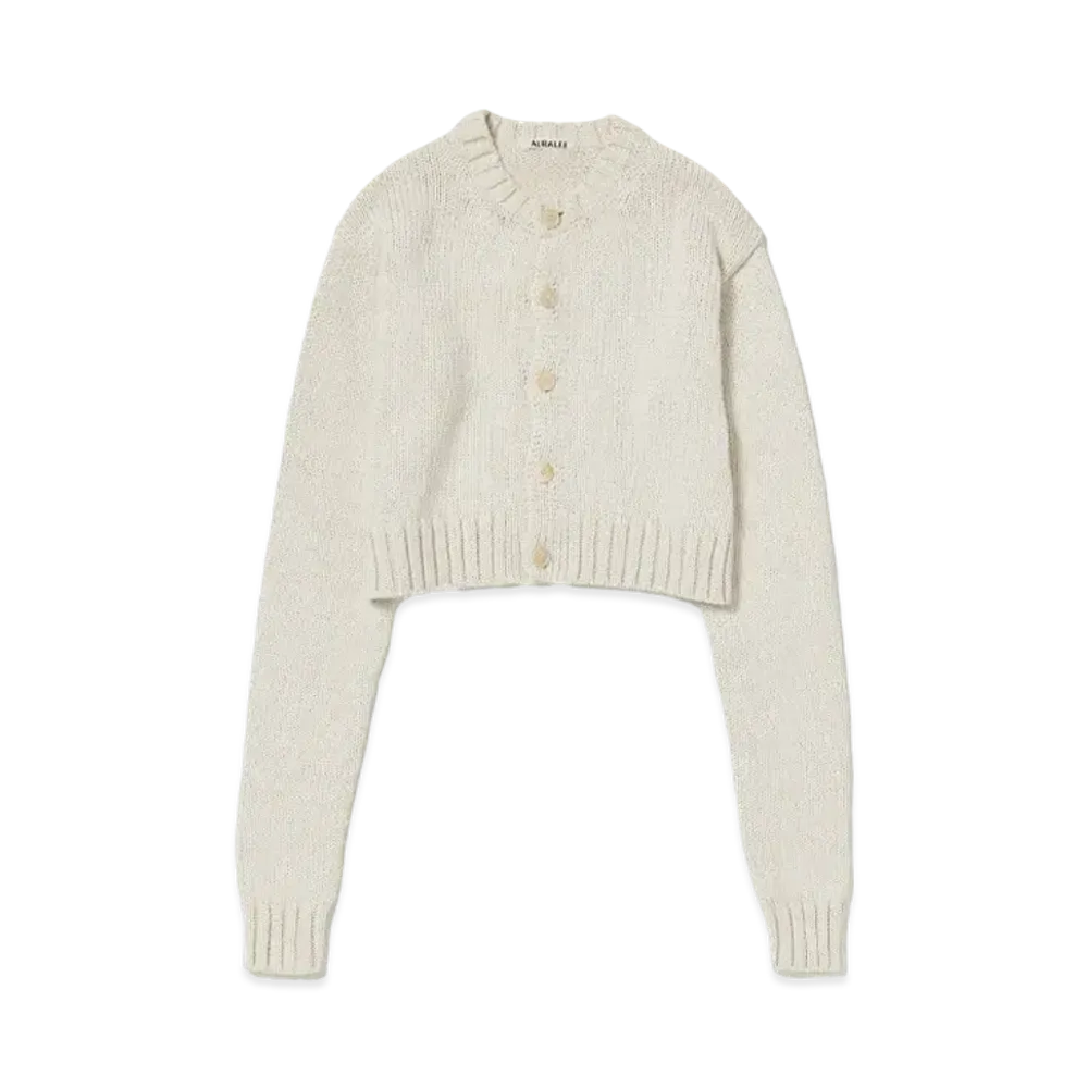 AURALEE Cotton Lily-Yarn Knit Crew Neck Short Cardigan "Ivory"