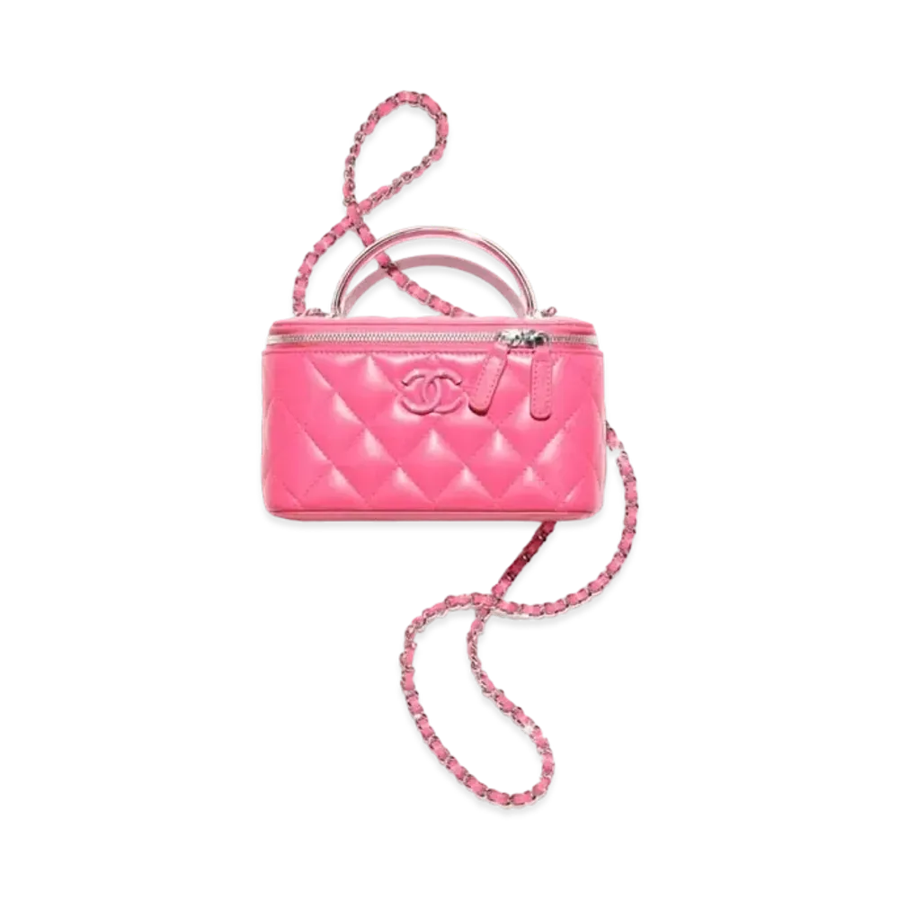 CHANEL Clutch With Chain Lambskin Enamel & Silver Tone Metal "Fuchsia"