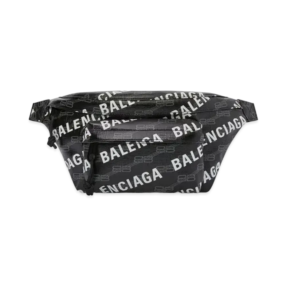BALENCIAGA Signature Medium Belt Bag BB Monogram Coated Canvas All Over Logo "Black"