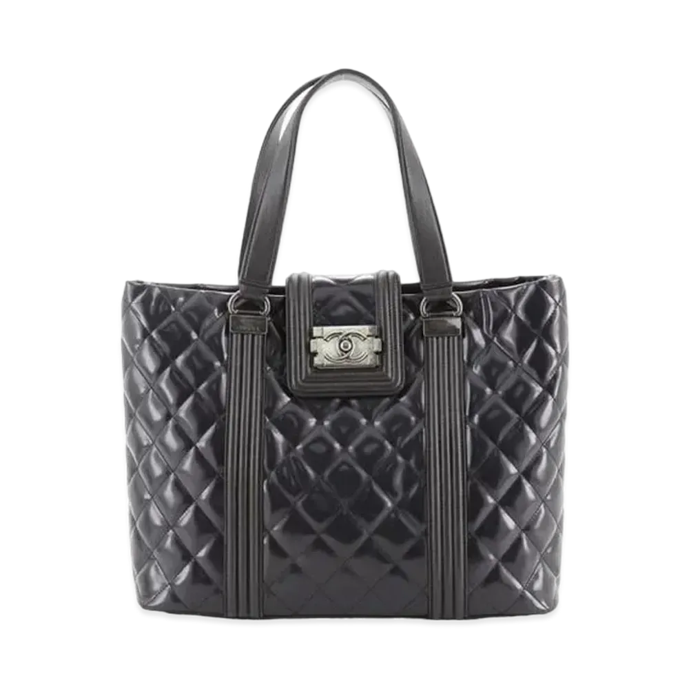 CHANEL Boy Chanel Quilted Patent Leather Tote Bag "Black"