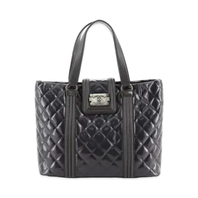 CHANEL Boy Chanel Quilted Patent Leather Tote Bag "Black"