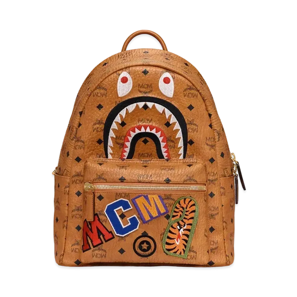 A BATHING APE / MCM Shark Stark Backpack Visetos Cognac "Brown"