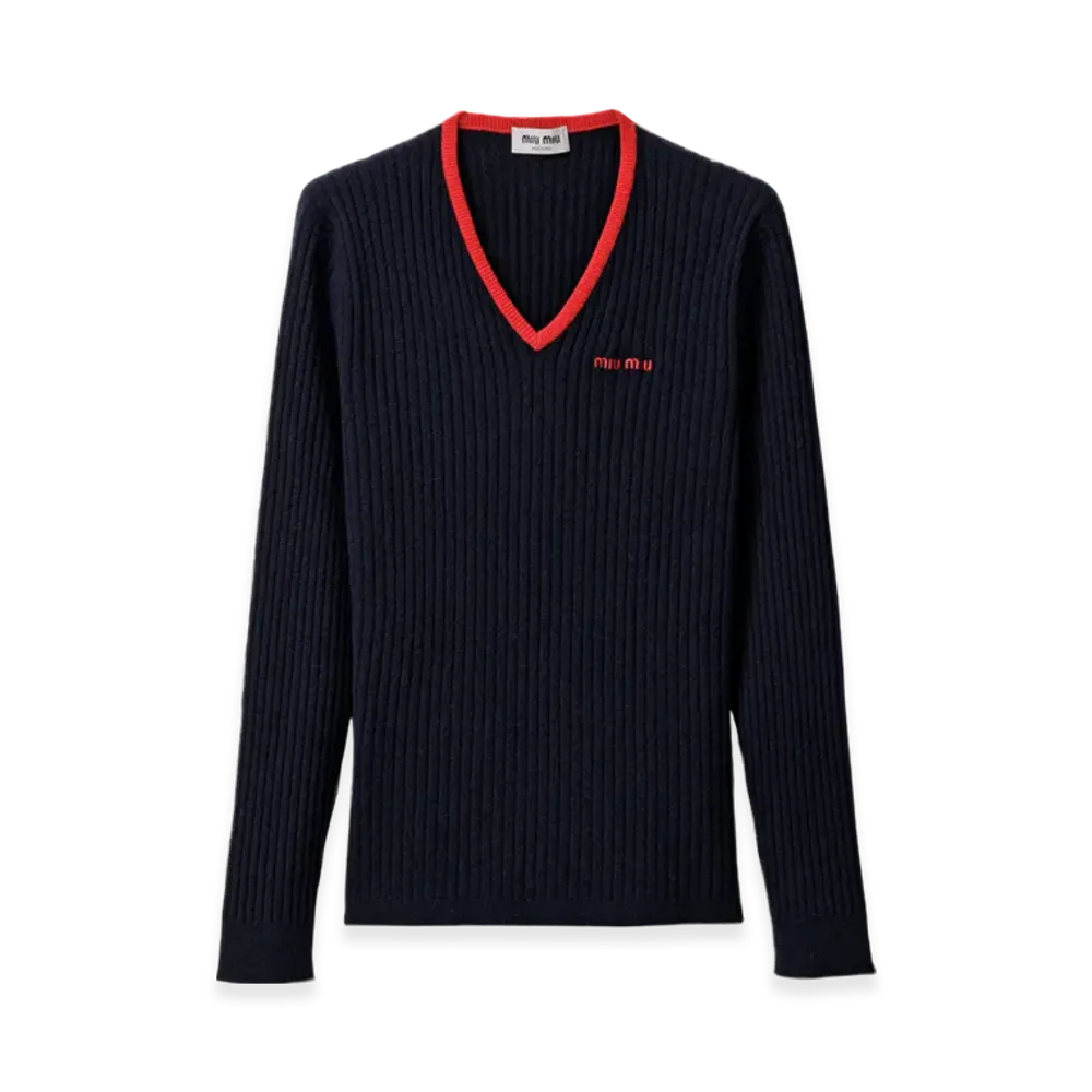 MIU MIU Women's V-Neck Cashmere Sweater "Blue/Red"