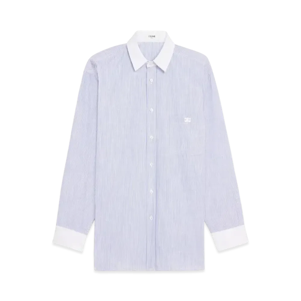 CELINE Women's Oversized Shirt in Striped Chambray Cotton "Craie/Bleu"