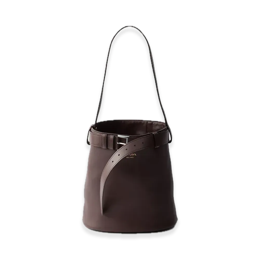 PRADA Buckle Leather Bucket Bag with Belt "Brown"