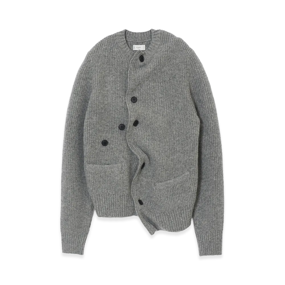 YOKE Lambs Wool Sculptural Wired Crew Neck Cardigan "Gray"
