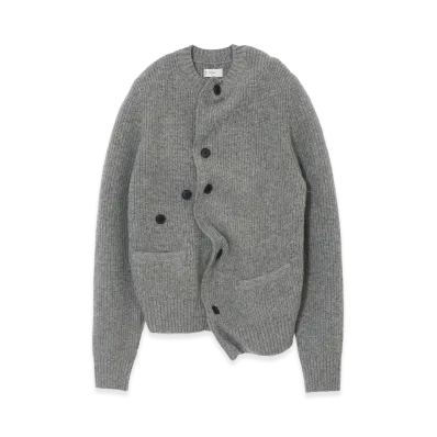 YOKE Lambs Wool Sculptural Wired Crew Neck Cardigan "Gray"
