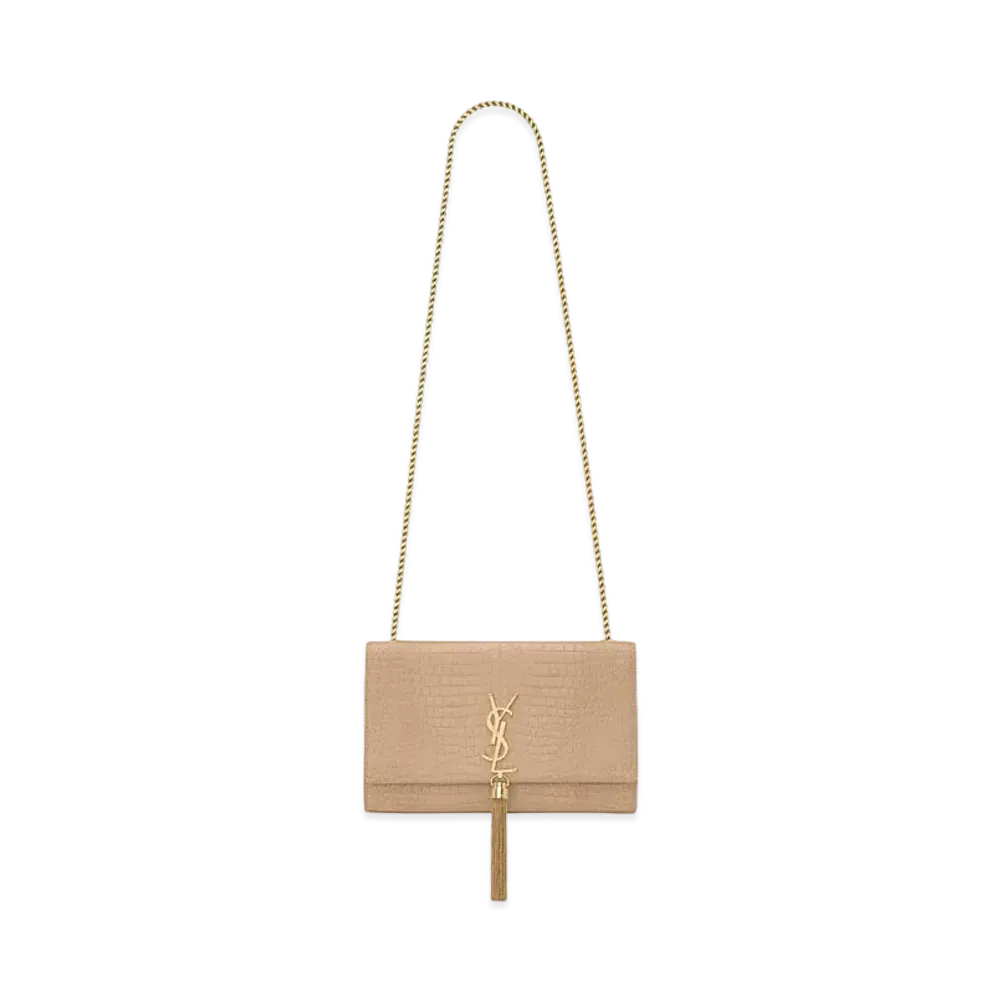 Saint Laurent Kate Medium With Tassel In Crocodile-Embossed Shiny Leather "Dark Beige"