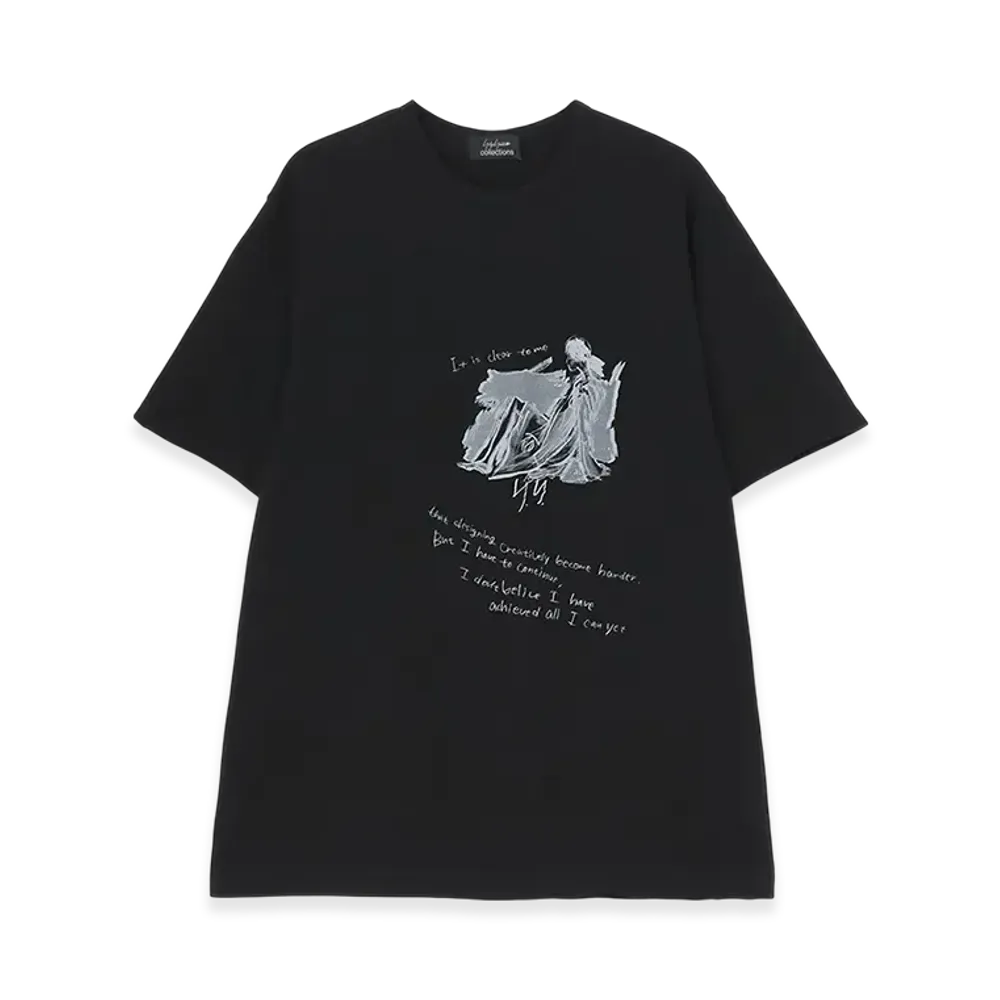 Yohji Yamamoto Combed Jersey Pigmented PT Short Slv Round Neck Print T "Black"