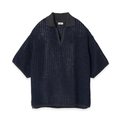 YOKE Cotton Mesh Knit Skipper Polo Shirt "Navy"