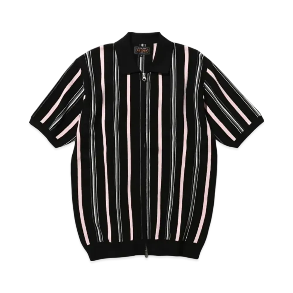 BEAMS Zip Knit Polo Stripe "Black"