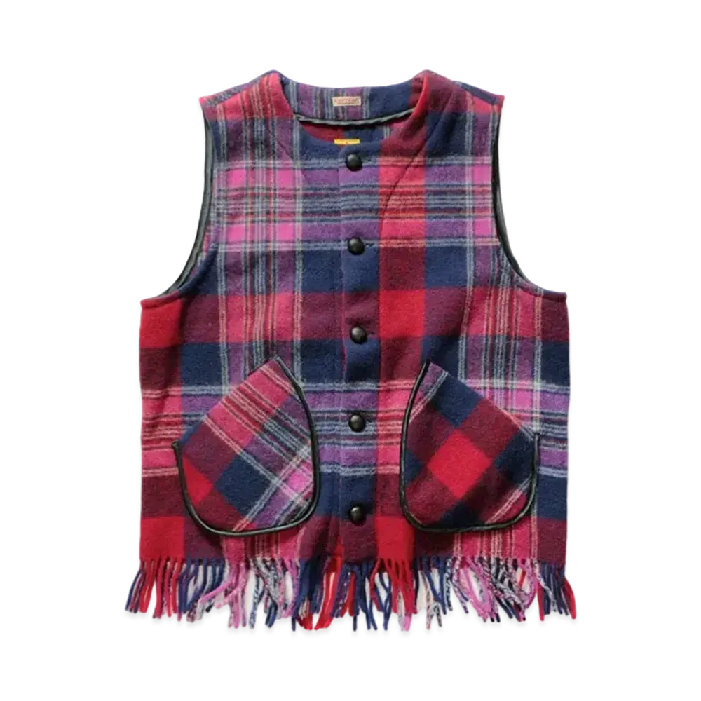 KAPITAL COUNTRY WOOL CHECK FRINGE GAUCHO VEST "Purple"