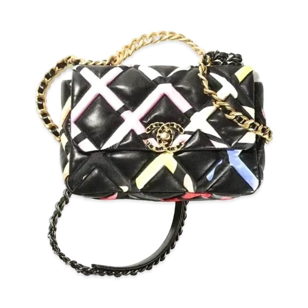 CHANEL 19 Hand Bag Lambskin & Print Fabric "Black/Multicolor"