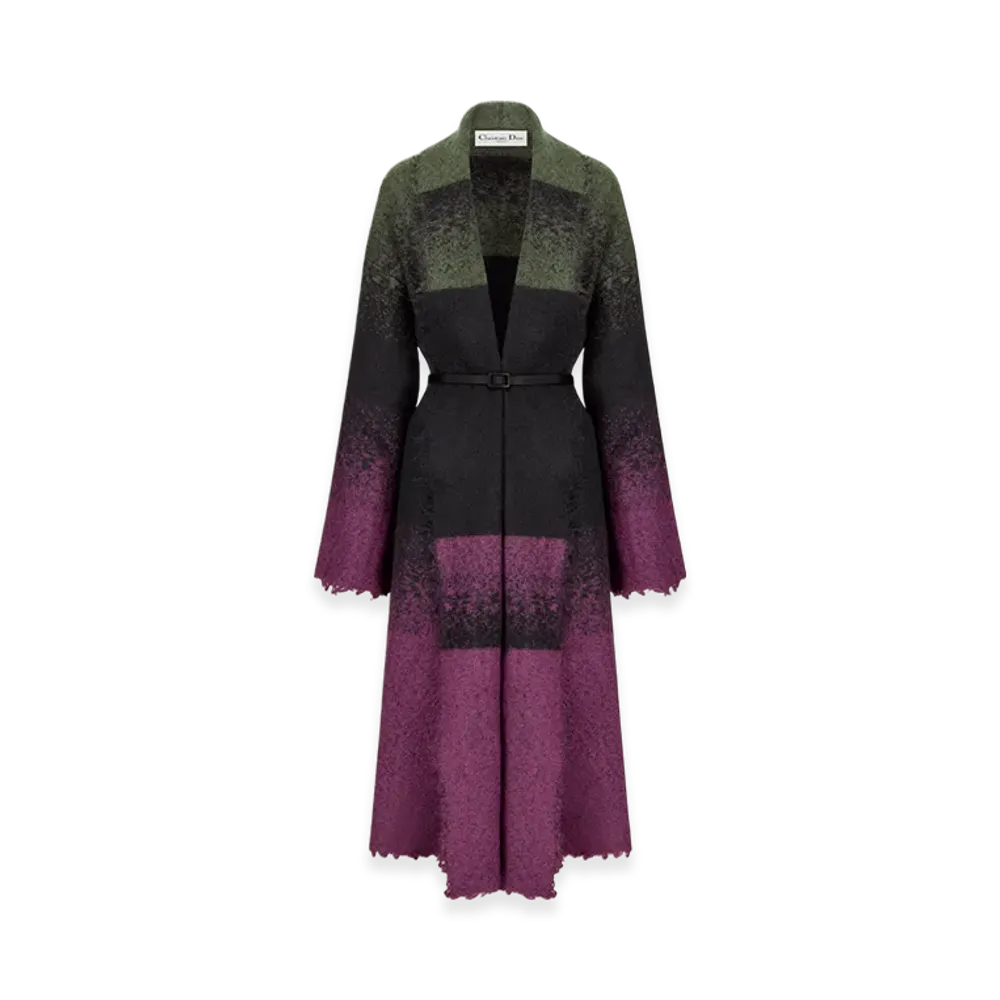 Dior Women's Belted Coat with Scarf Collar Technical Wool Felt Tie Motif "Deep Fuchsia/Green"