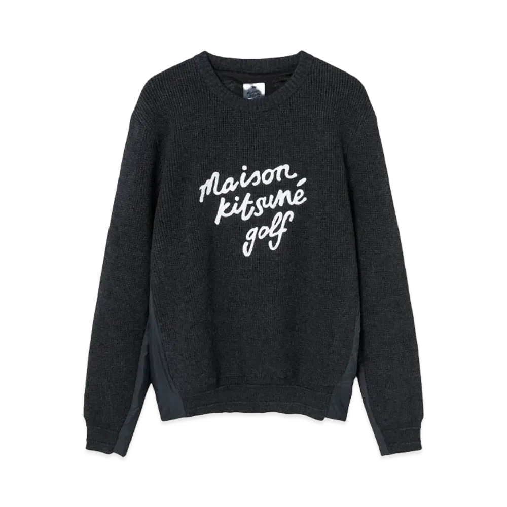 Maison Kitsune Script Logo Structured Pullover Sweater "Dark Grey"