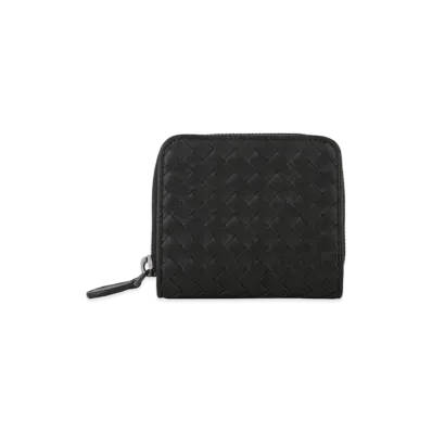 Bottega Veneta Intrecciato Lambskin Zip Around Short Button Wallet "Black"