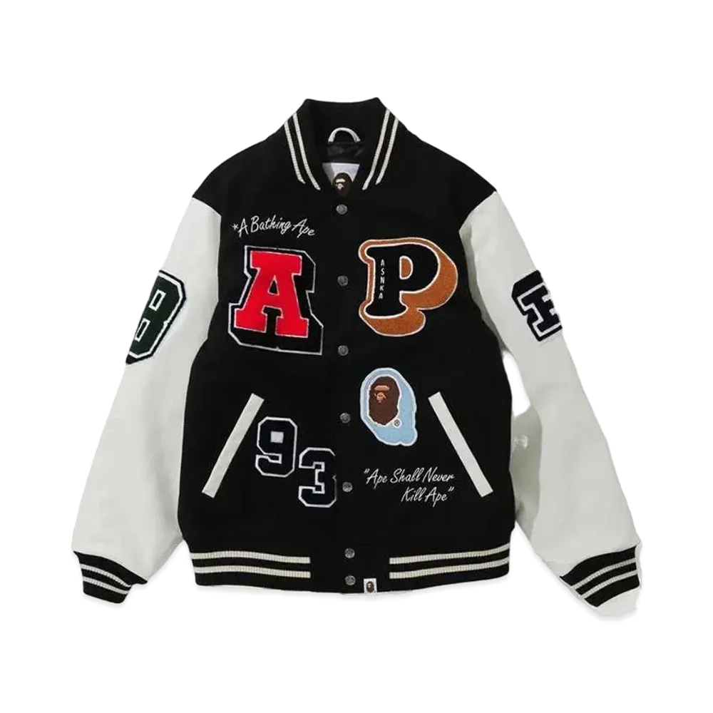 A BATHING APE CRAZY PATCH VARSITY JACKET "Black"