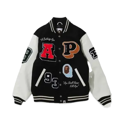 A BATHING APE CRAZY PATCH VARSITY JACKET "Black"