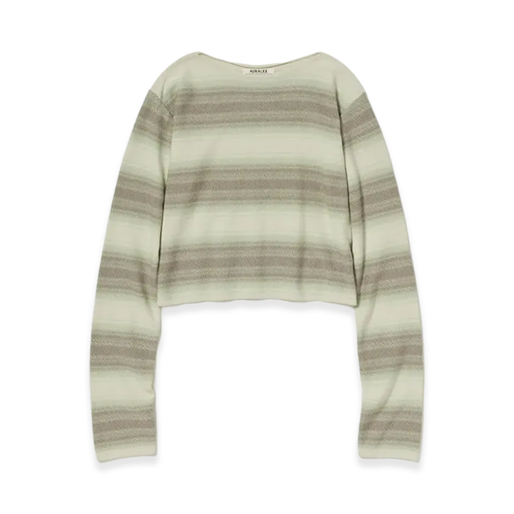AURALEE Women's Cotton Silk Gradient Stripe Knit Boat Neck P/O "Lime Gray Stripe"