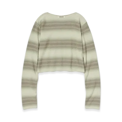 AURALEE Women's Cotton Silk Gradient Stripe Knit Boat Neck P/O "Lime Gray Stripe"