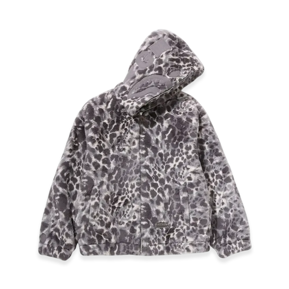 A BATHING APE Wild Leopard Pattern Faux Fur Shark Full Zip Jacket "Gray"
