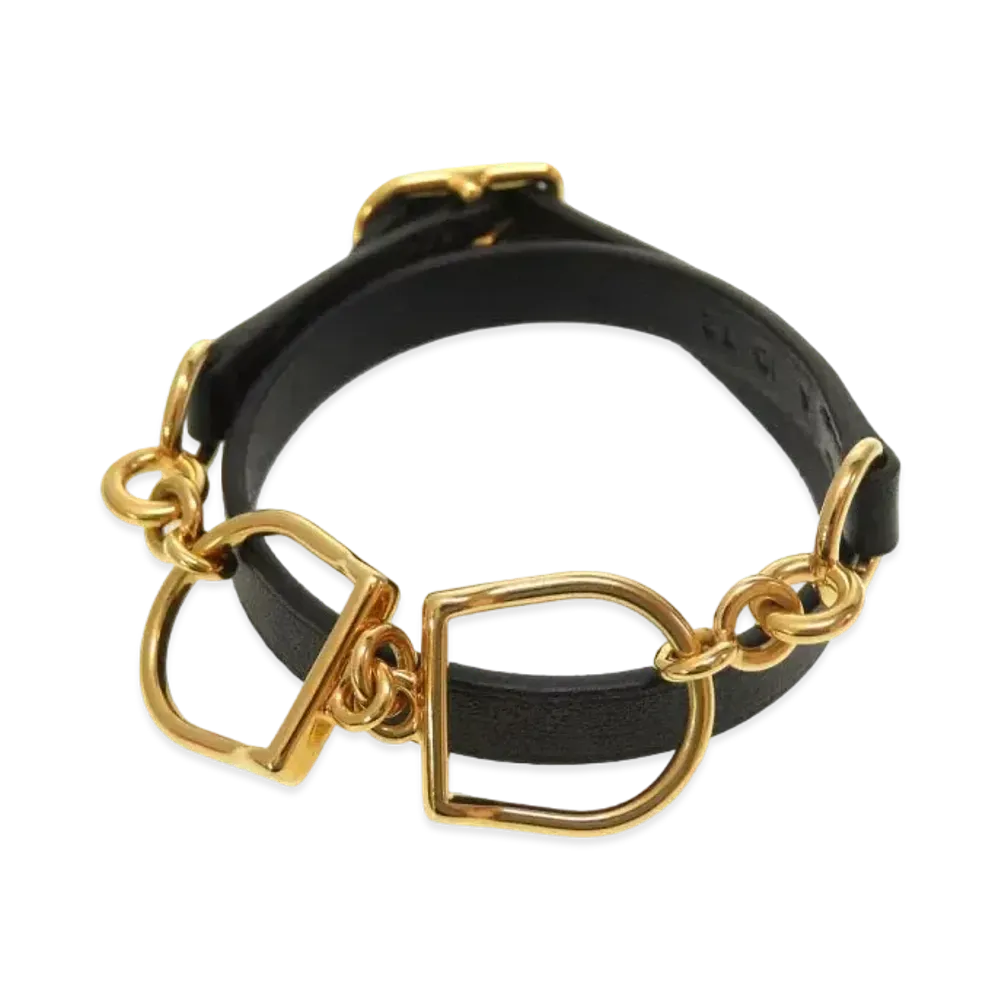 Hermes Etrier Double Tour Leather Bracelet "Black/Gold"