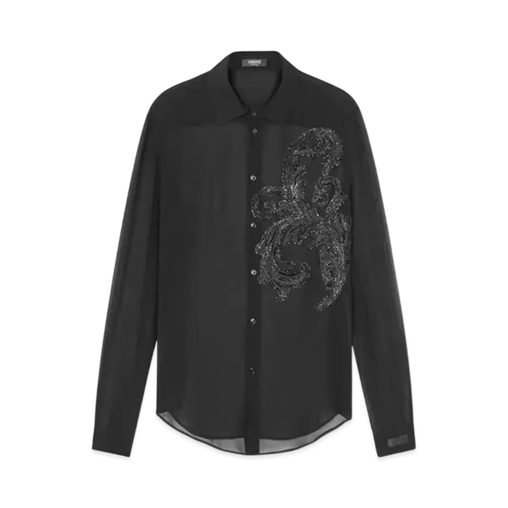 Versace Embroidered Barocco Leaf Georgette Shirt "Black"