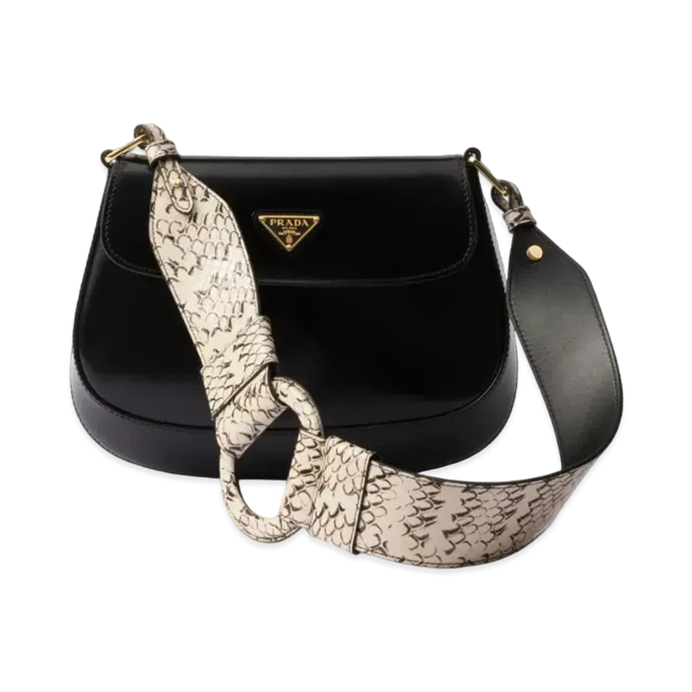 PRADA Cleo Ayers and Brushed Leather Flap Bag "Black/Beige"