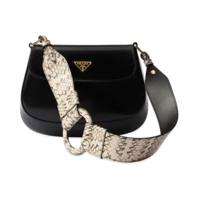 PRADA Cleo Ayers and Brushed Leather Flap Bag "Black/Beige"
