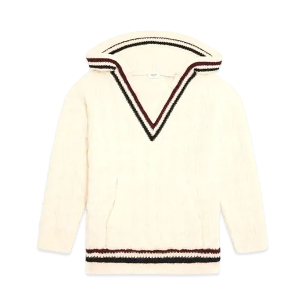 CELINE Oversized Aran Wool Hoodie "Off White/Navy/Burgundy"