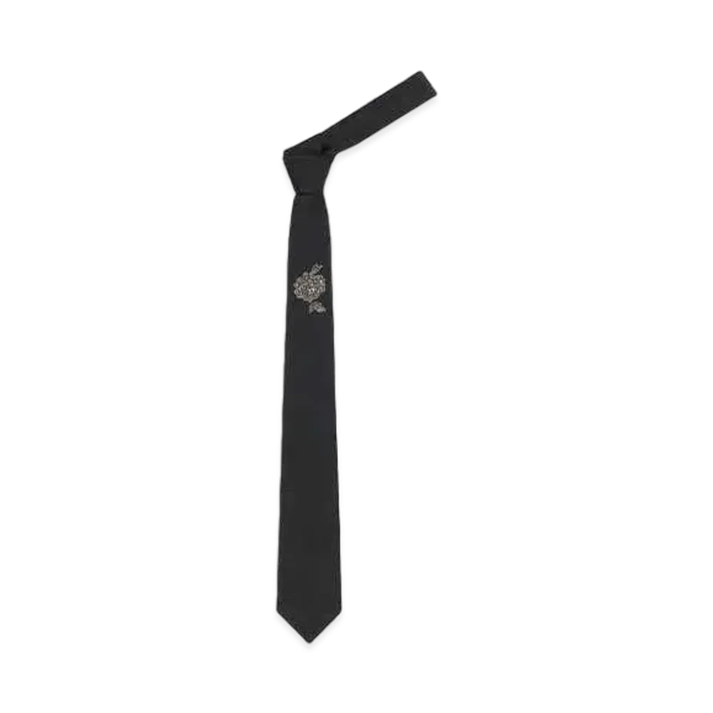 Alexander McQUEEN Embroidered Silver Lace Tie "Black/Silver"
