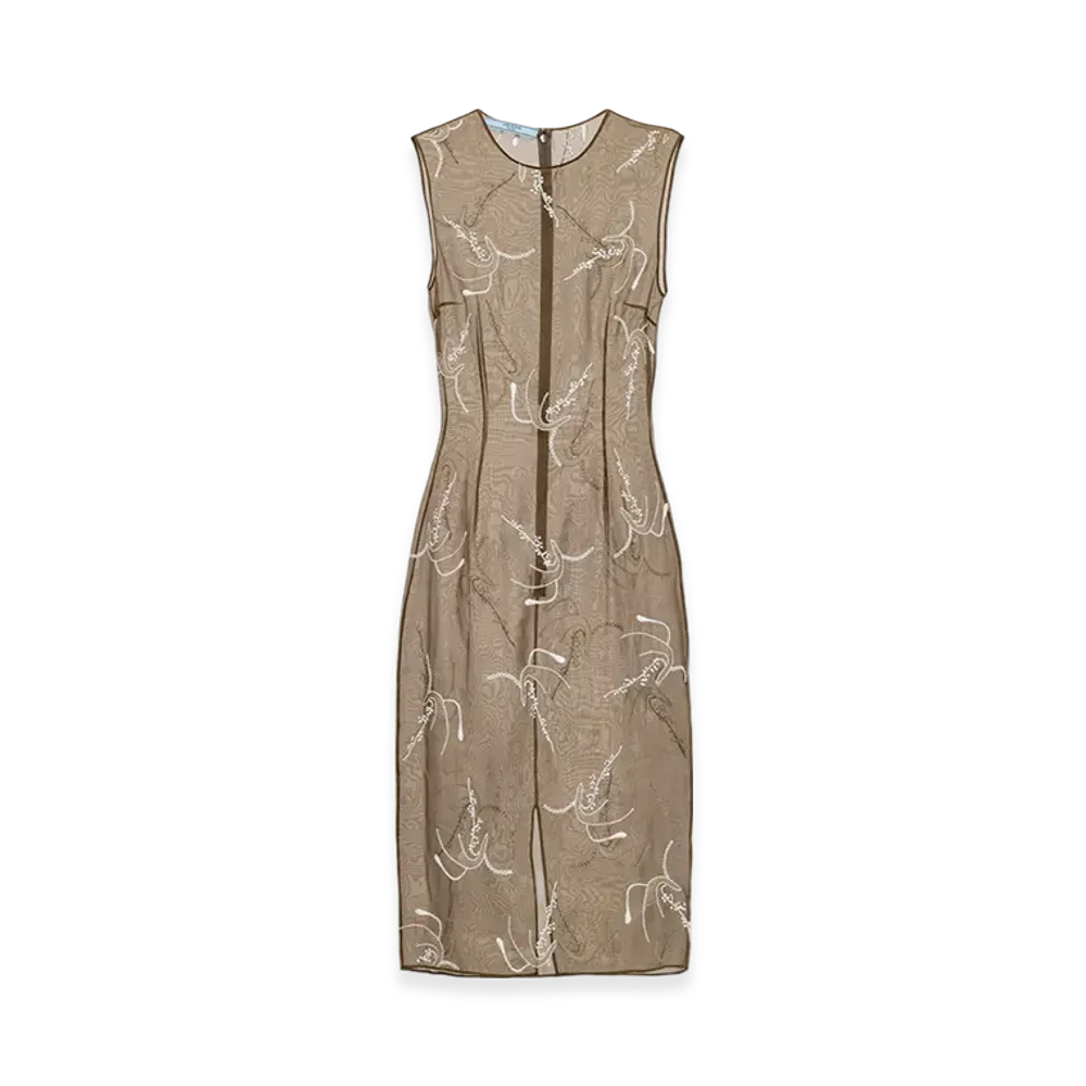PRADA Women's Embroidered Organza Dress "Camouflage Green"