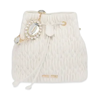 MIU MIU Miu Crystal Nappa Leather Bucket Bag "White"