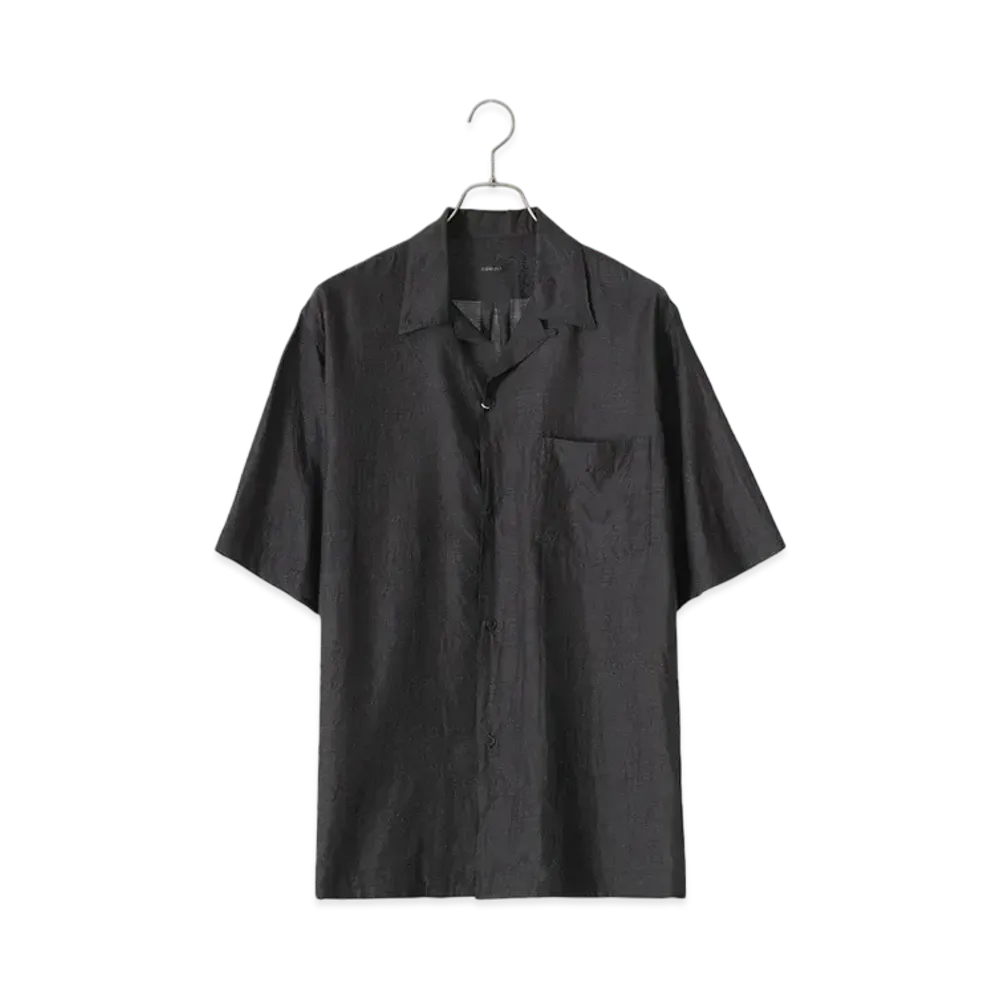 COMOLI Wool Silk Short Sleeve Open Collar Shirt "Chacoal"