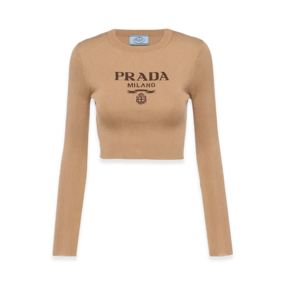 PRADA Women's Cropped Silk Sweater with Logo "Camel Brown"