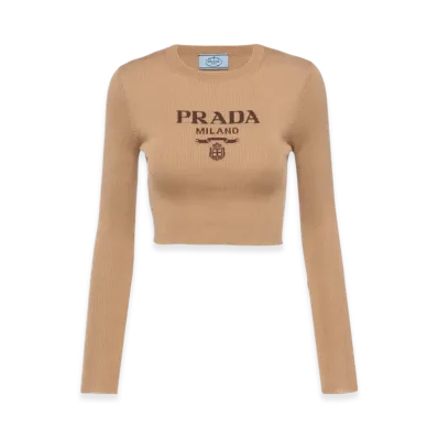 PRADA Women's Cropped Silk Sweater with Logo "Camel Brown"