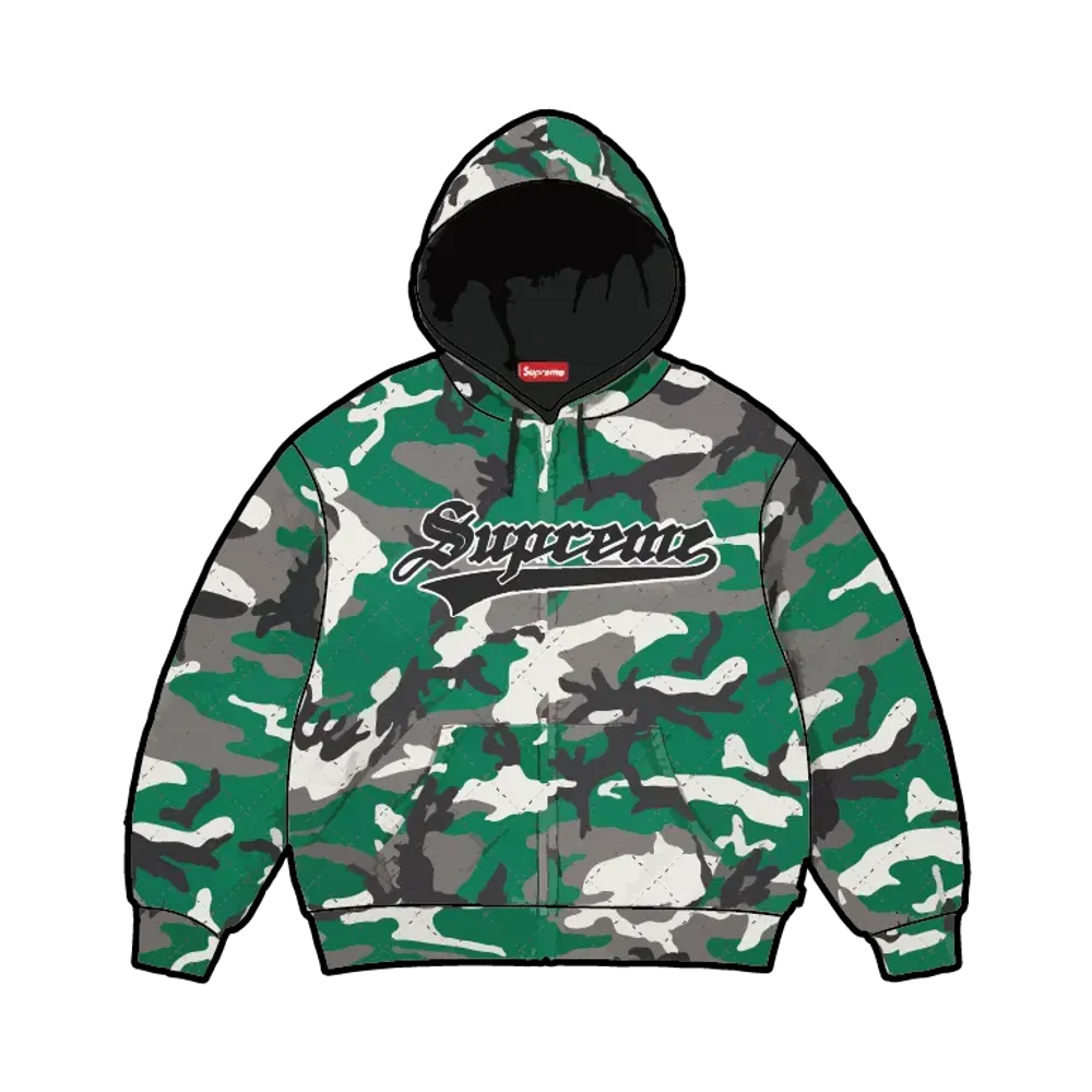 Supreme Quilted Zip Up Hooded Sweatshirt "Green Camo"