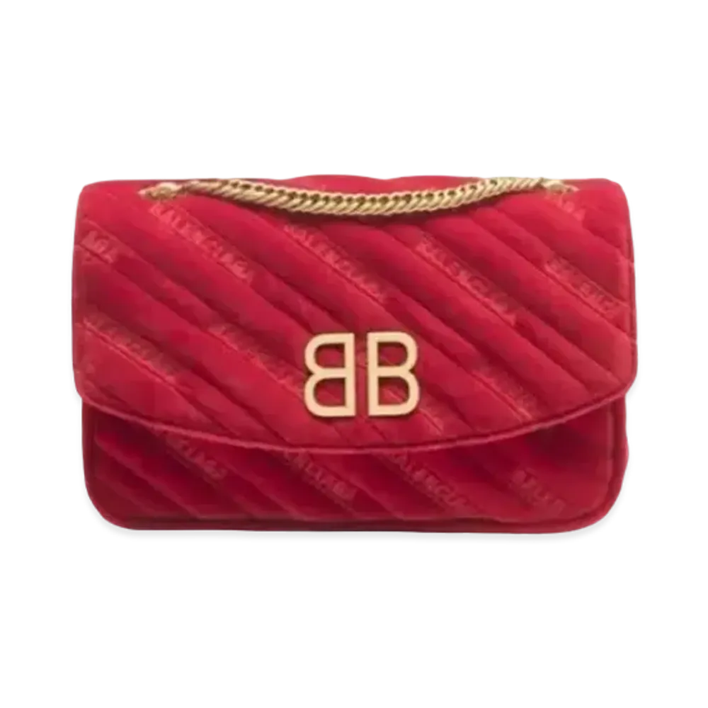 BALENCIAGA BB Chain Quilting Velvet Wallet "Red"