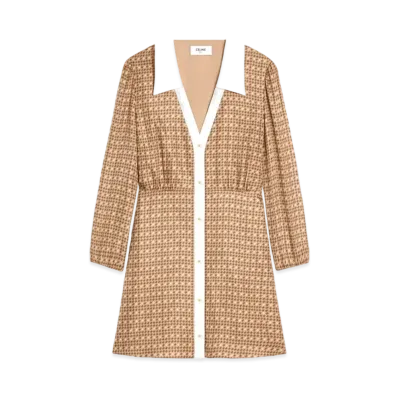 CELINE Mini Shirt Dress In Silk Twill "Beige/Marron/Cream"