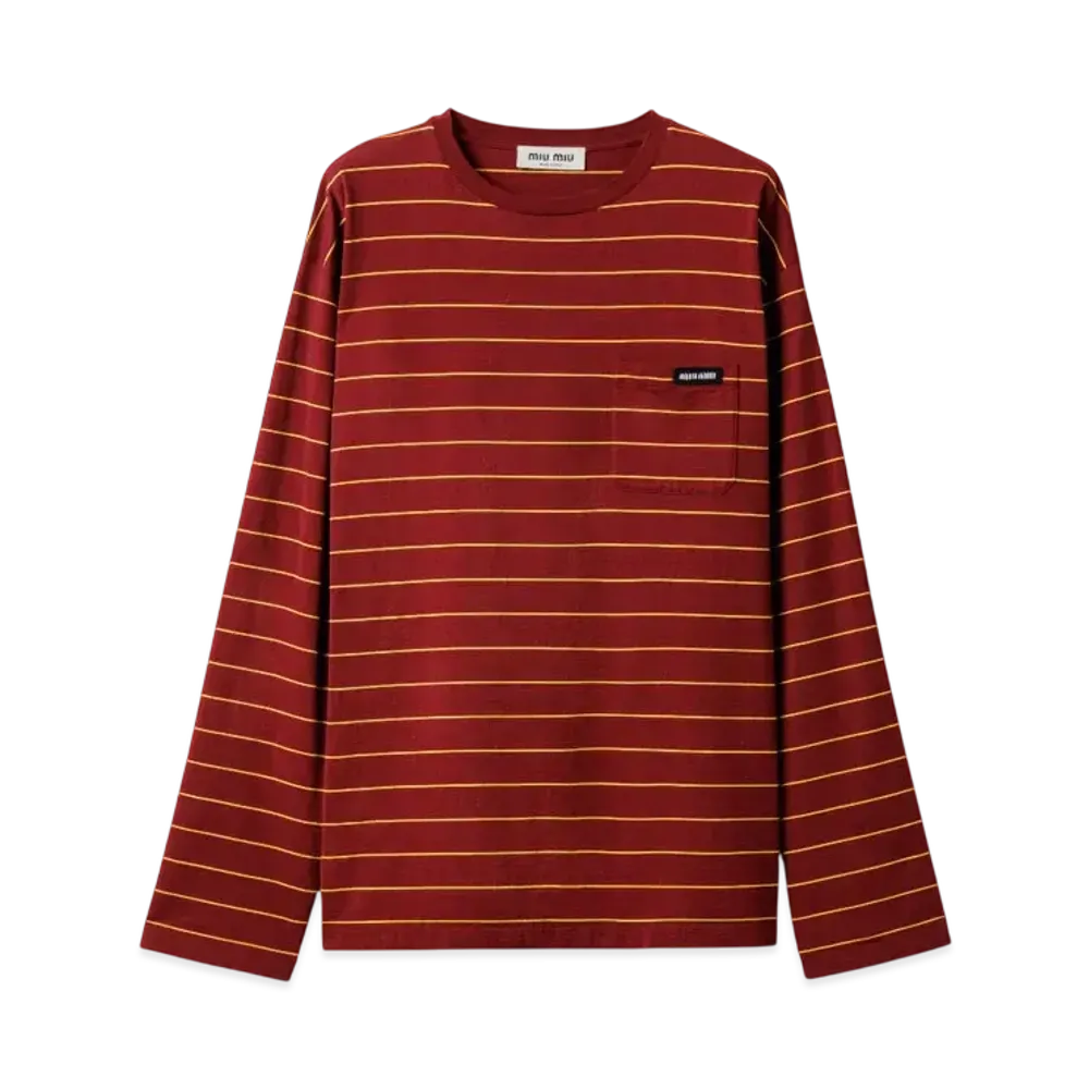 MIUMIU Women's Long-Sleeved Cotton Jersey T-Shirt "Wine Red/Yellow"