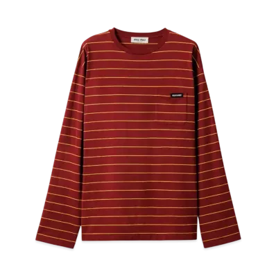 MIUMIU Women's Long-Sleeved Cotton Jersey T-Shirt "Wine Red/Yellow"