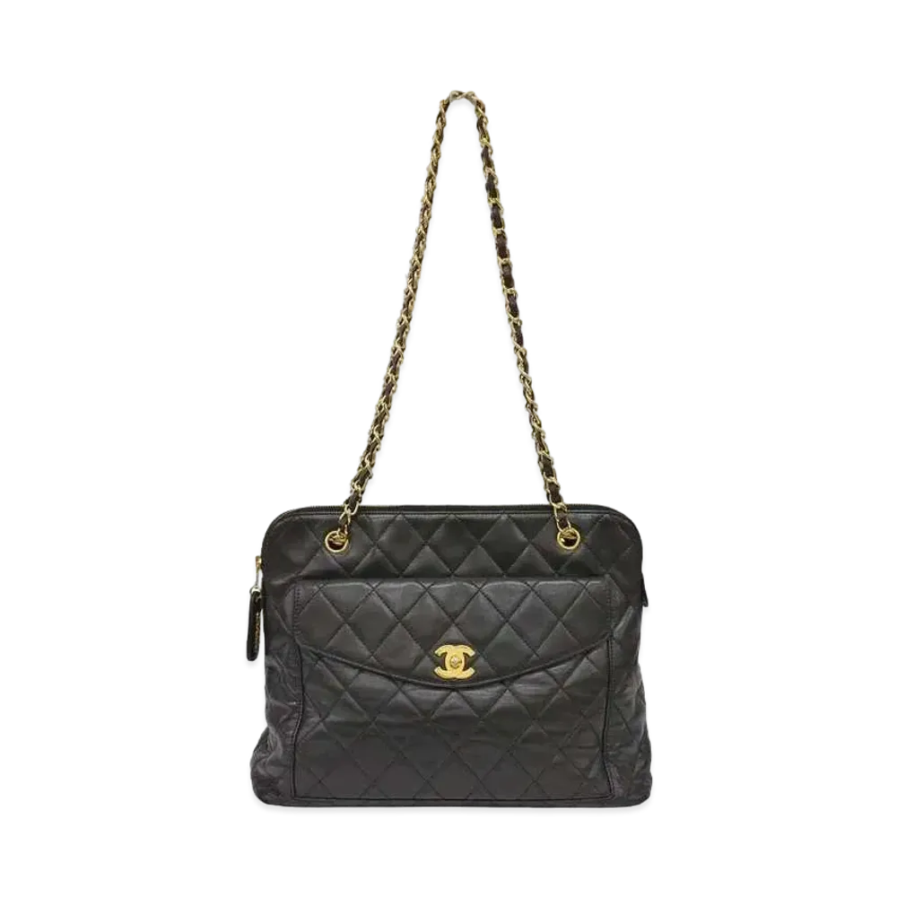 CHANEL Lambskin Matelasse Plate Logo Chain Tote Bag "Black"