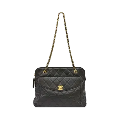 CHANEL Lambskin Matelasse Plate Logo Chain Tote Bag "Black"