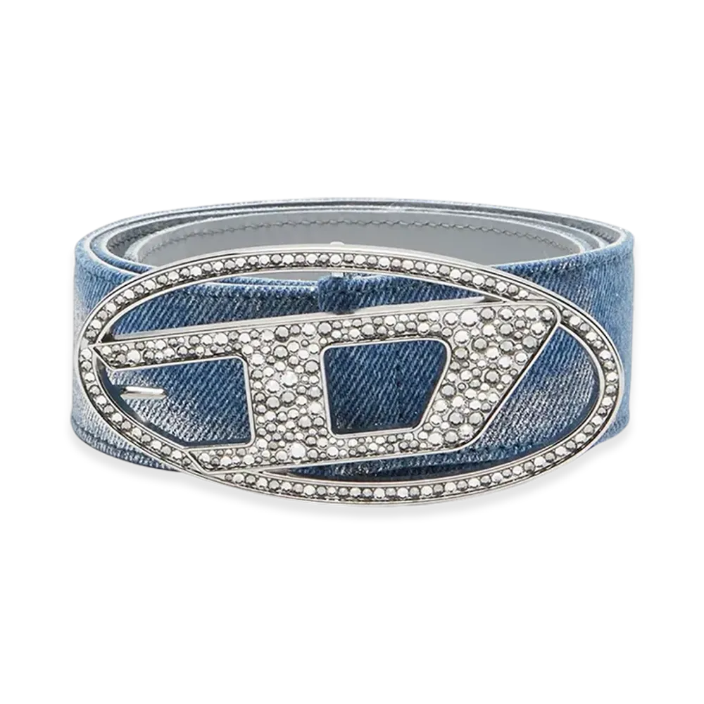 Diesel B-1Dr Strass Belt In Foiled Denim And Leather "Light Blue"