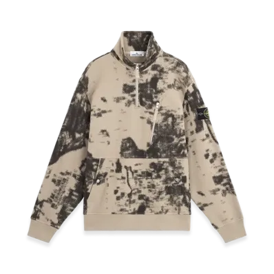Stone Island 660E3 Camouflage Organic Cotton Diagonal Fleece Oversized Half-Zipper Sweatshirt with Pockets - 24FW "Dove Grey"